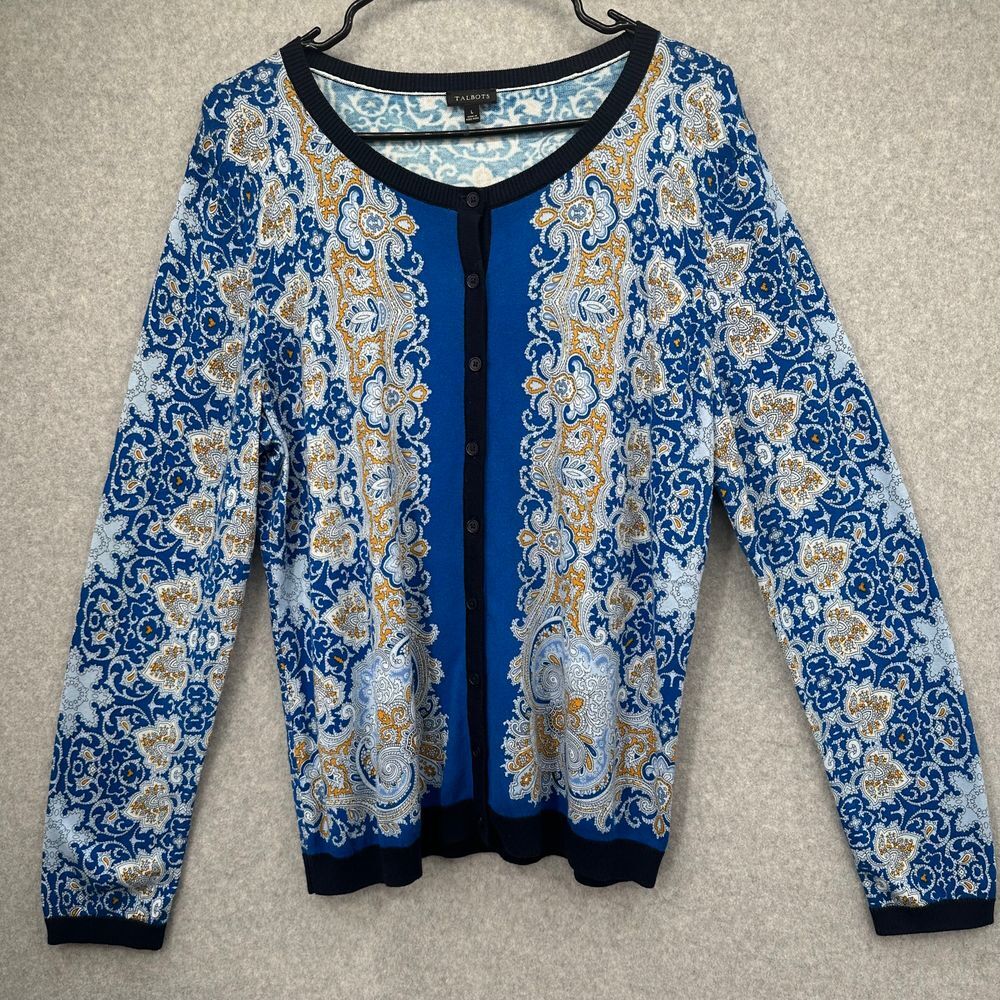 Talbots Cotton Cardigan Paisley Button‎ Front Long Sleeve Size Large